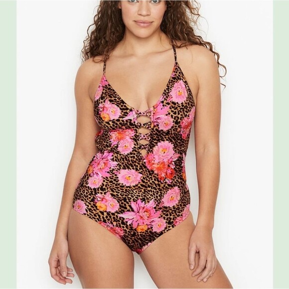 Victoria's Secret Negril Floral/Cheetah Print Plunge Halter One-Piece Swimsuit - Picture 1 of 11